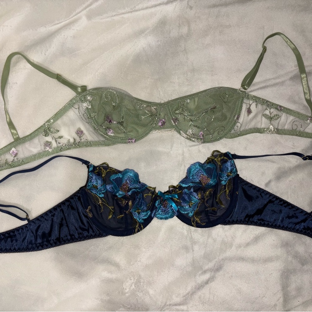 Elegant Floral Embroidered Bra Set - Green and Blue